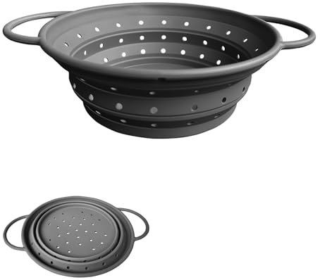 Scolapasta pieghevole con manico, colino da cucina in silicone per una facile conservazione, cestello drenante in silicone a quattro lati, perfetto per frutta e verdura (grigio, M)
