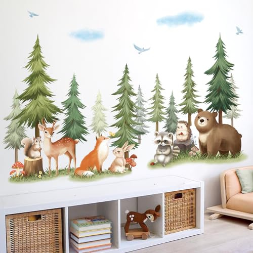SHUCHING Wandtattoo Waldtiere XXL, Wandsticker Baum Groß, Selbstklebende Wandaufkleber für Kinderzimmer Spielzimmer