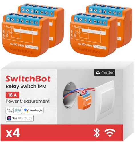 SwitchBot Matter Relais Schalter 1PM, Wlan Schalter kompatibel mit Alexa/Apple Home/Google Home, Leistungsmessendes Relaisschaltmodul mit integriertem Bluetooth Repeater, Bluetooth&Wi-Fi 2,4 GHz,16A