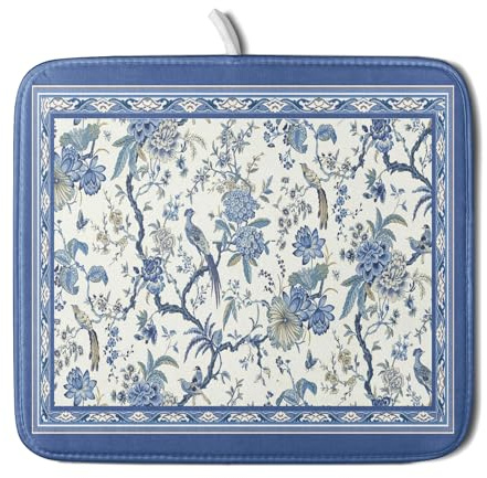 Giwawa Chinoiserie Dish Drying Mat 16x18in Blue White Oriental Floral Birds Kitchen Drainer Mats Porcelain Flowers Reversible Microfiber Dish Drying Pad Small for Countertop Home Decor