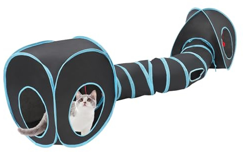 Katzentunnel mit 2 Zelten 2m Länge Faltbar mit Spielbällen für Katzen und Kleintiere Schwarz+Blau