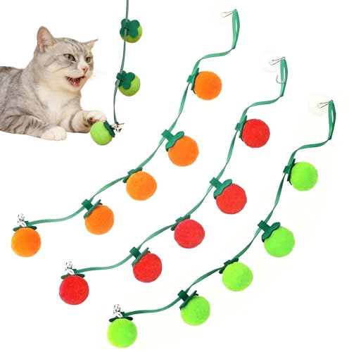 CHENNAN 3 Stück Filzbälle für Katzen Türhängendes Pompon-Katzenspielzeug Weiche Kätzchen Pompon Spielzeug, Tomatenform, Geeignet für Wohnzimmer, Arbeitszimmer, Hinterhof, Park, Reisen (3 Farben)
