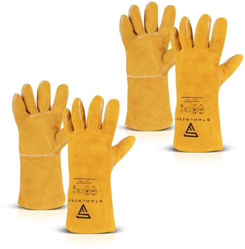 STAHLWERK Schweißerhandschuhe Echtleder – 2 Paar – Einheitsgröße 35 cm | Hitze- & feuerbeständige Schweißhandschuhe für Schweißen & Plasma | Unterarmschutz | thermisch & mechanisch hoch belastbar