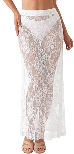 Aunribor Gonna Donna Lunga in Pizzo a Vita Alta Pizzo Elegante Trasparente Ricami Floreali Cintura Elastica Gonna Lunga Casual Spiaggia Vacanze Estive Senza Fodera