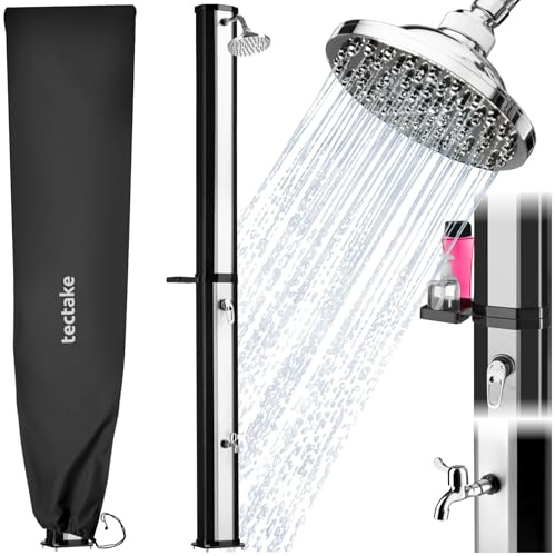 tectake® Soldusch 35 L, utomhusdusch med solenergi 60°c med vattentank, trädgårdsdusch med 360°, vridbar regndusch, med hylla & skyddsfodral, dusch med slanganslutning & väderbeständig - Svart/Silver