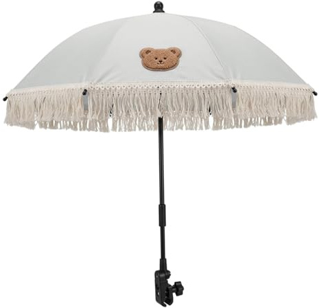 Ombrellone per sedia con morsetto, parasole portatile per passeggino, regolabile, con ricamo di orsetto carino e pizzo, ombrellone per passeggino per passeggiate all'aperto, sedia con morsetto, o