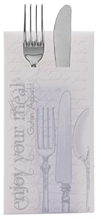 Sovie HORECA Besteckserviette ELISABETH Silber-Weiß, 40 x 40 cm, Linclass® Airlaid, 1/8 Falz, 100 Stück, Design mit silberfarbenem Besteck & Schriftzug „guten appetit“ & „enjoy your meal“