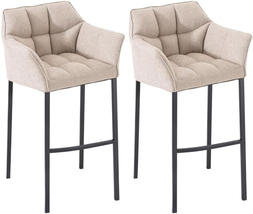 CLP Barhocker 2er Set mit Lehne Damaso, Barstühle gepolstert mit Stoffbezug, Vierfußgestelle aus Metall, Tresenhocker bis 240 kg belastbar, Farbe:Elfenbein, Gestell Farbe:schwarz