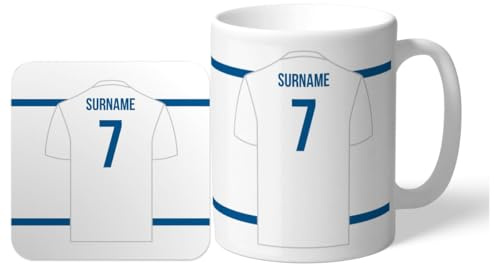 Personalised 'Back of Shirt' 11oz Mug & Coaster Set for Leeds United Supporters, Officially Licensed, with Club Colours, Ideal for Leeds United Fans