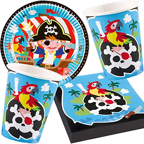 37-teiliges Party-Set * Little Pirates * für Kindergeburtstag mit Teller + Becher + Servietten + Deko | Kinderpiraten Pirat Kleine Piraten Seeräuber Schatzsuche Kinder Geburtstag Mottoparty Motto