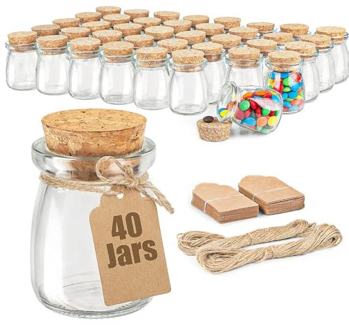 Ritayedet 40 Pack Glass Favor Jars with Cork Lid, 3.4 oz Small Glass Bottles for Wedding Favor, Baby Shower, Party Favor, Gift Jars for Candy, Bonus Twine and Labels