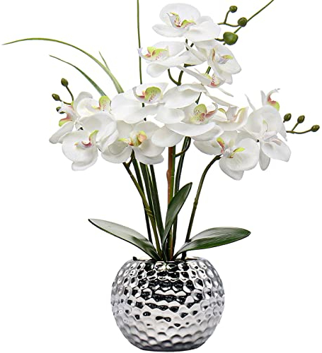 Briful 20.8 Artificial Flowers Silk Orchid in Silver Ceramic Pot, Silk Flowers Orchid Plant White Artificial Phalaenopsis Flowers for Wedding Coffee Table Centerpiece Home Decor