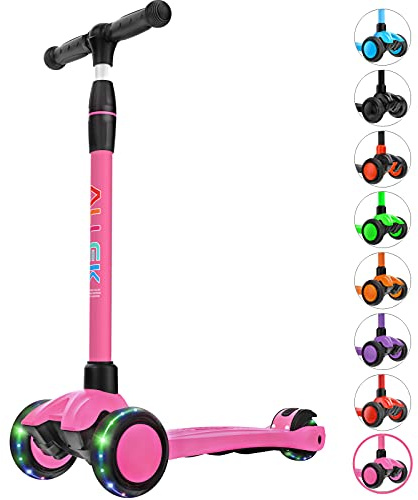 Allek Kick Scooter B03, Lean 'N Glide 3-Wheeled Push Scooter with Extra Wide PU Light-Up Wheels, Any Height Adjustable Handlebar and Strong Thick Deck for Children from 3-12yrs (Rose Pink)
