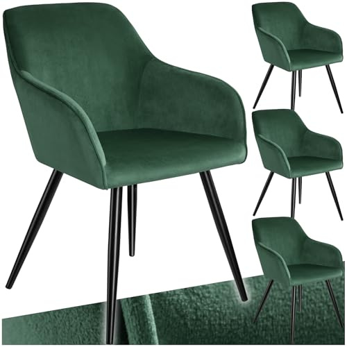 tectake® 4er Set moderner Esszimmer Stuhl, Sitzfläche aus Samt, Armlehnstuhl, Sessel Wohnzimmer, gepolsterter Bürostuhl mit schwarzen Metallbeinen, Schminktisch Stuhl - dunkelgrün/schwarz