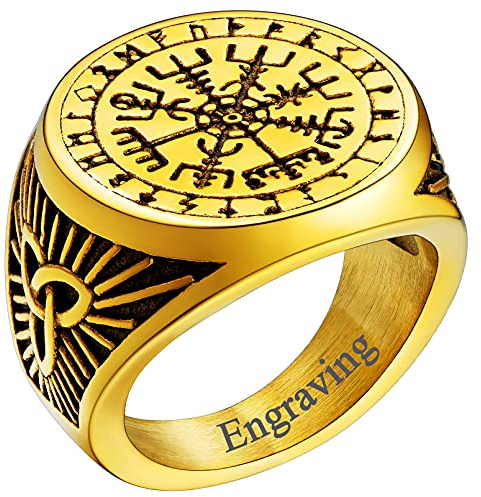 FaithHeart Viking Vegvisir Fingerring in Rundform， Vintag Kompass Fingerring mit Rune Symbol， Retro Skandinavischer Ring mit Gravur für Weihnachten Geburtstag