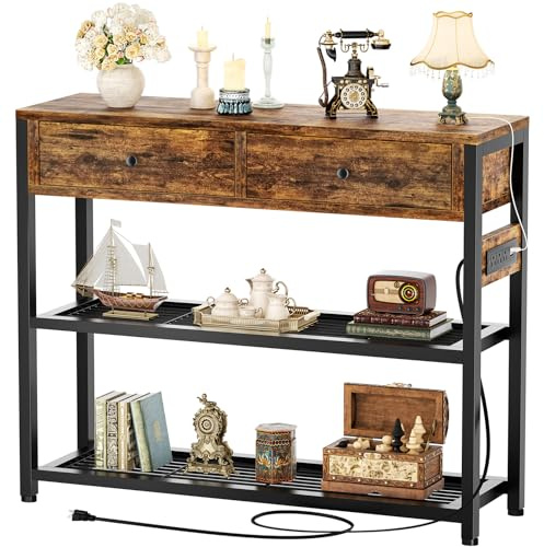 Ecoprsio Entryway Table with Outlets and USB Ports, Console Table with 2 Drawers, Small Sofa Table with Storage Shelves for Living Room, Couch, Hallway, Foyer, Kitchen Counter, 32'', Rustic
