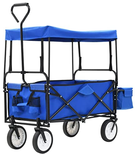 vidaXL Handwagen Klappbar mit Sonnendach Faltbar Bollerwagen Strandwagen Transportkarre Gerätewagen Gartenwagen Transportwagen Stahl Blau