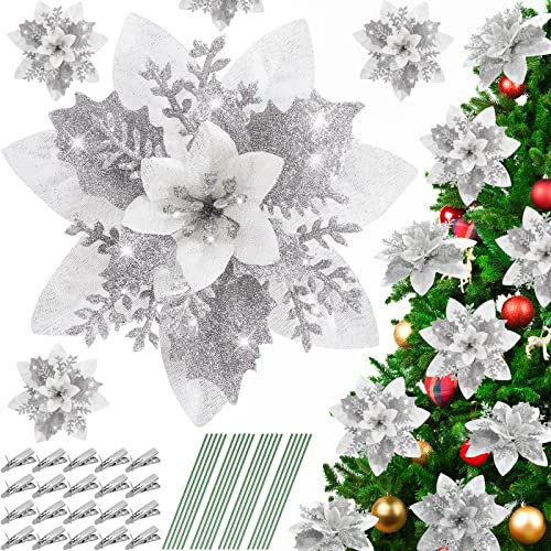 Serwalin 20pcs Christmas Flowers Artificial Silver Poinsettia Flowers Decorations with Clips Stems Glitter Christmas Tree Ornaments Xmas Wedding Party Wreath Garlands DIY