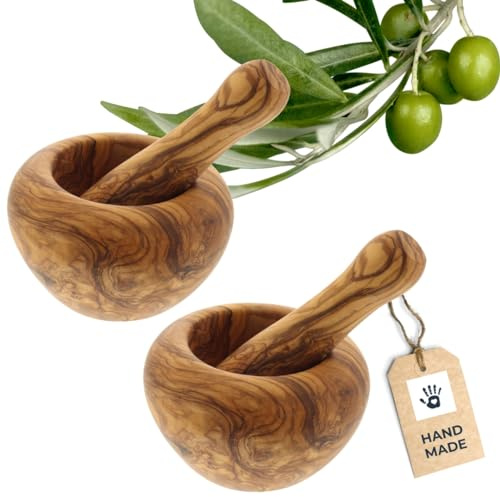 HOFMEISTER® Lot de 2 mortiers et pilons en bois d'olivier avec grain frappant, récipient très robuste avec maille, mortier en bois pour herbes, graines et épices, 11 x 11 x 6,5 cm (2 pièces)