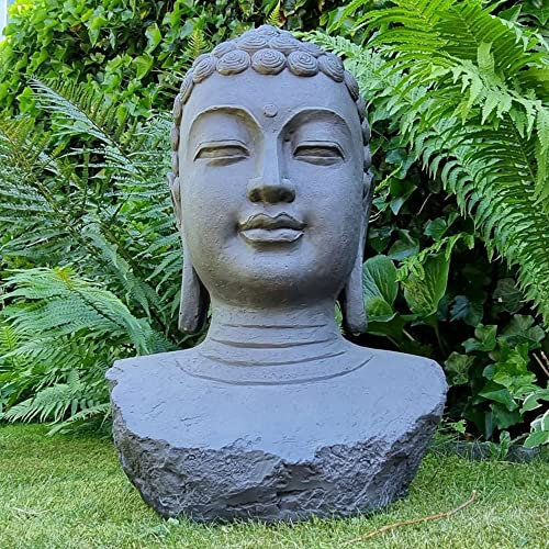 Statues de jardin d'extérieur XL tête de Bouddha - Méditation - Grande statue de jardin gris foncé - 60 cm