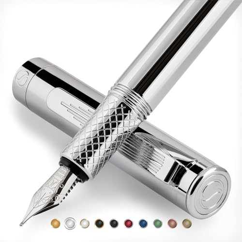 Scriveiner Silver Chrome Fountain Pen (Medium), Award Winning Luxury Pen, Heavy Pocket Pen, Chrome Finish, Schmidt Nib, Converter, Best EDC Writing Pen Gift Set for Men & Women