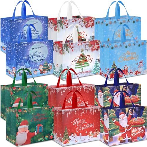 AhfuLife 12 Stück Geschenktüten Weihnachten Groß, 40 * 36 * 15CM, Non Woven Weihnachtstaschen Weihnachtstüten mit Griffen, Weihnachts Geschenktüten, Wiederverwendbare Weihnachtsgeschenktüten