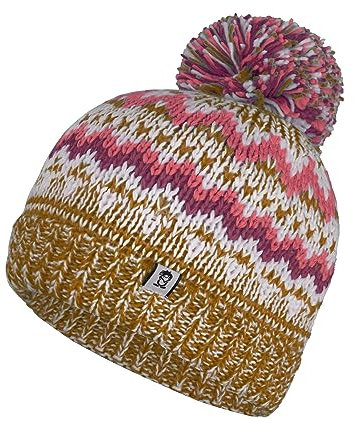 Trollkids Mädchen Bommelmütze Kristiansand, Karamell-Braun/Lachsrosa/Burgunderrot, Größe 52-56