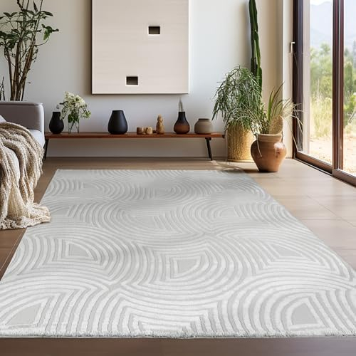 Teppium Moderner Kurzflor Teppich Wohnzimmer 140 x 200 cm Silber - 3D Boho Teppich Waschbar, Skandinavisches Stil, Geometrisch und Weich - für Schlafzimmer, Esszimmer oder Küche
