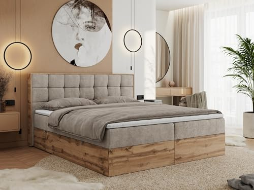 MKS MEBLE Boxspringbett Albero 1-200x200 cm mit Bettkasten, Kontinentalbett/Doppelbett, 2X 7-Zonen Taschenfederkern-Matratze H3, Topper T25, Kopfteil, Beige Strukture Holzoptik Wotan Eiche