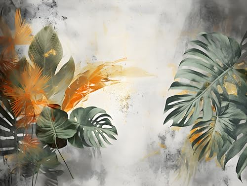 Muralo - Fototapete 3D Effekt - Selbstklebende Tapete 3D - Tapeten für Wohnzimmer Schlafzimmer - Fototapete selbstklebend - Monstera Blätter, Beton-Optik Motiv - Br.400cm x Hö.280cm