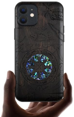 Carveit Étui Magnétique pour iPhone 12 Coque Luxe Cover [Bois et Incrustation de Coquille] Etui Compatible Magsafe avec Apple 12 Case (Bois Sombre-Bouclier Viking)