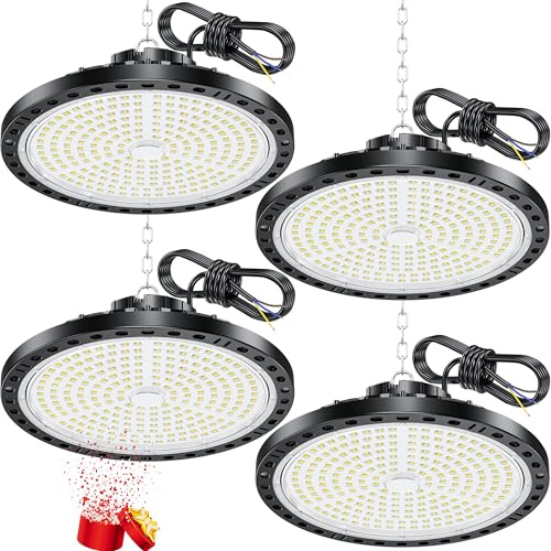 YIQIBRO LED Werkstatt Deckenleuchte 200W, Hallenstrahler für Keller 4 Stück | 20000LM UFO Industrielampe Werkstattlampe Kellerlampe, IP65 Wasserdicht 6500K Garagenlampe LED Strahler für Lager, Fabrik