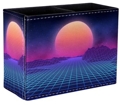 Pen Holder Square Pencil Holder for Desk, Sun with Mountains Digital Retro Cyber Surface Landscape Pen Pot Pen Cup Makeup Brushes Holder Stand Display Desk Stationery Organiser for Home Office School