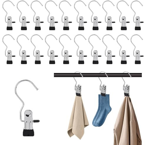 20 Metal Ganchos con Clips Antideslizantes, Perchas de Pinza, Perchas Pinzas, Colgador de Botas Giratorio de 360°, Perchas con Pinzas para Ropa para Pantalones, Zapatos, Toallas, Bufandas, Calcetines