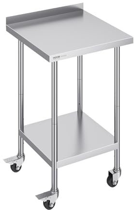 VEVOR 24 x 24 x 40 Inch Stainless Steel Work Table, Commercial Food Prep Worktable with Casters, Heavy Duty Prep Worktable, Metal Work Table with Adjustable Height for Restaurant, Home and Hotel