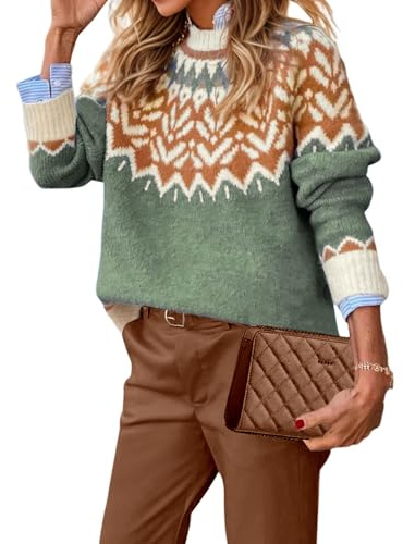 EARKOHA Women's Casual Mock Neck Ribbed Sweater Pullover 2026 Fall Long Sleeve Print Fair Isle Sweater Top Light Green L