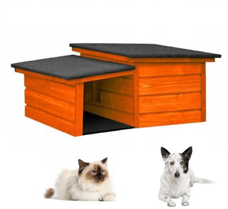 QLS Katzen- Hundehütte Größe S mit Vordach Isoliert aus Holz Winterfest Outdoor (Pinie, S)