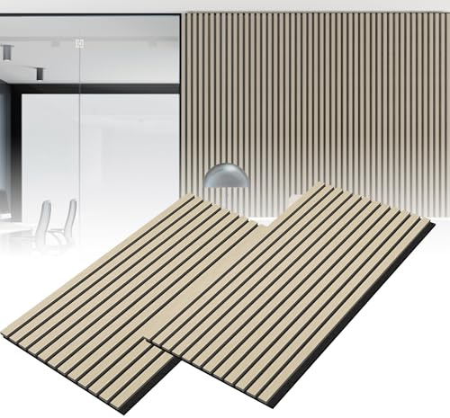 XMTECH 2er Set Akustikpaneele aus Holz Akustik Wandpaneele 120 x 60 cm Wandverkleidung Lamellenverkleidung Echtholzfurnier-Lamellenwand, für Flur, Raumdekoration, Wohnzimmer, Tonstudio, Eiche Weiß