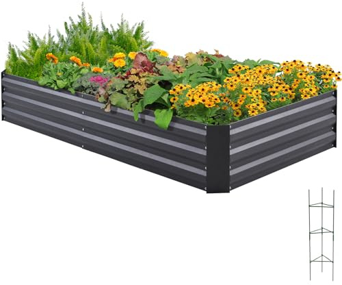 Quictent Jardineras Elevadas de Metal Galvanizado, Macetero Sin Fondo para Verduras con Jaulas para Tomates Incluidas, 180x90x30cm