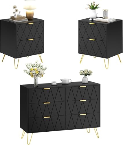 UEV 3er-Set Schlafzimmer Möbel, Kommode mit 6 Schubladen + 2 Nachtisch | Schlafzimmer Komplett-Set mit Metall-Griffe &-Beine, Kommode modern für Wohnzimmer Schlafzimmer Flur