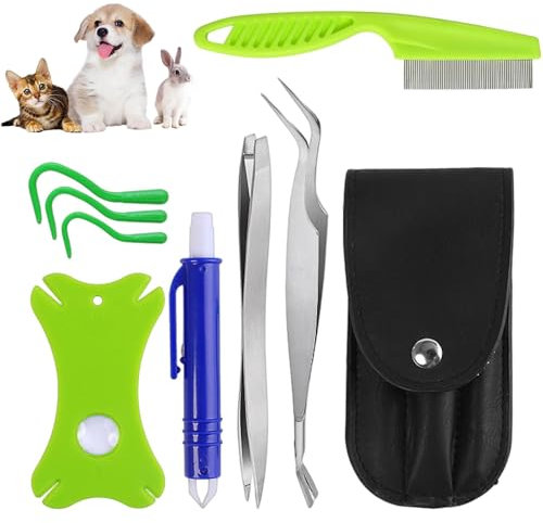 VireEyU Juego de 7 Piezas para Eliminación de Pulgas y Garrapatas en Acero Inoxidable–Protección Segura contra Garrapatas para Perros,Gatos,– Incluye Pinzas para Garrapatas, Ganchos, Tarjeta & Más