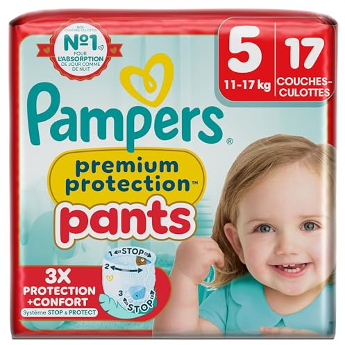Pampers Premium Protection Pants Taille 5, 17 Couches-Culottes, 11kg-17kg, Avec un Maintien 360° et des Barrières Anti-fuites Douces 2 fois plus larges qu’avant pour Confort et Protection