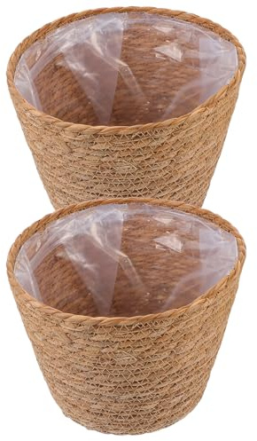 BESPORTBLE Lot de 2 Paniers à Plantes Tressés en Paille, Pots de Fleurs Rustiques Ø23 Cm pour Décoration Intérieure, Base Stable, Panier Simple et Solide pour Salon et Bureau