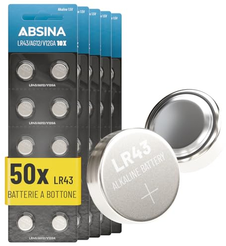ABSINA AG12 LR43 batterier knappceller - 1, 5V alkalisk läckagesäker | 50-pack - med lång hållbarhet - LR 43/186 / LR1142 / L1142 / V12GA / GPA76 / RW84