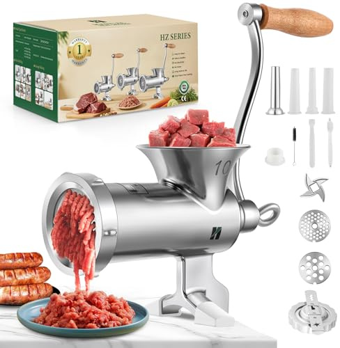 Huanyu Picadora de Carne Manual de Acero Inoxidable con Embutidor de Salchichas y Accesorio para Galletas, Apta para Lavavajillas (N.º 10)