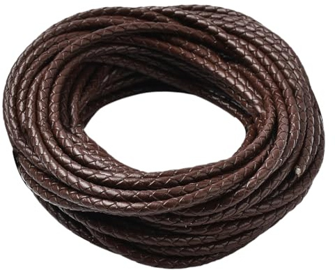 CALFOVERA Cordón Trenzado Redondo de Cuero Genuino de 10 m para Hacer Joyas. Cordón de Bolo de Cuero Genuino Marrón de 4mm, Tira Trenzada Doblada para Crear Collares Y Pulseras.