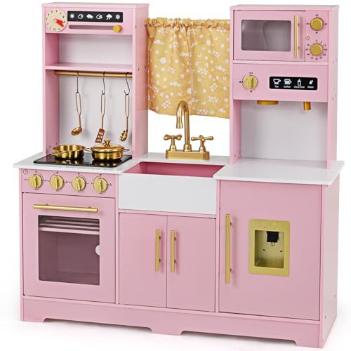 GYMAX Set di Cucina Giocattolo per Bambini, Cucina Giocattolo in Legno con Macchina del Caffè, Fabbricatore di Ghiaccio, Forno a Microonde, Forno, Lavello, Cucina per Bambini dai 3+ Anni (Rosa1)