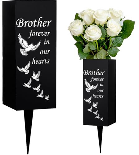 WEBEEDY Cemetery Memorial Vases for Grave Brother Grave Vase with Spike White Dove Cemetery Decorations for Graves, Sympathy Gift Graves Flower Holder, Brother Forever in Our Hearts,1 pc (3x8 Inch)