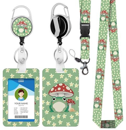 Bolimoss Pilz-Frosch-Schlüsselband mit Kartenhalter Lustiges Trennbares Schlüsselband mit Einziehbaren Clips Süßes Gänseblümchen-Blumen-Verstellbares Nacken-Schlüsselband Bus-Pass-Halter für Kinder