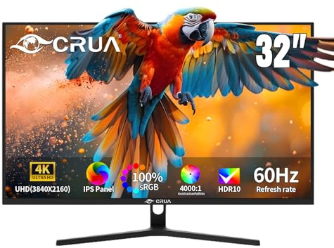 CRUA 32 Inch 4K 60Hz Monitor,UHD (3840 * 2160) IPS Ultra-Slim Bezel Monitor for Photo Video Editing,Immersive Gaming Experience with High Resolution1.07B+ Colors, Adaptive Sync, DP/HDMI, Black